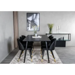 Ruokailuryhmä Venture Home, 180x90cm musta Dipp-pöytä + 6 mustaa Velvet Stitches-tuolia, keinonahka