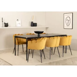 Ruokailuryhmä Venture Home, 190x90cm musta Pelle-pöytä + 6 keltaista Limhamn-tuolia, sametti