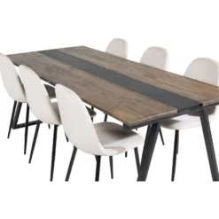 Ruokailuryhmä Venture Home, 200x90cm Jakarta-pöytä + 6 beigeä Polar-tuolia, sametti