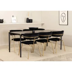 Ruokailuryhmä Venture Home, 190x90cm musta Pelle-pöytä + 6 mustaa Arrow-tuolia, sametti