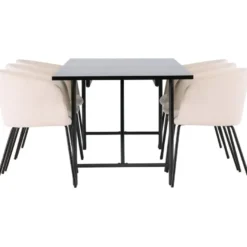 Ruokailuryhmä Venture Home, 200x90cm musta Astrid-pöytä + 6 beigeä Berit-tuolia, sametti