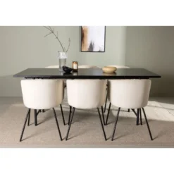 Ruokailuryhmä Venture Home, 200x90cm musta Astrid-pöytä + 6 beigeä Berit-tuolia, sametti
