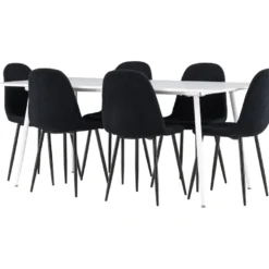 Ruokailuryhmä Venture Home, 180x90cm valkoinen Silar-pöytä + 6 mustaa Polar-tuolia