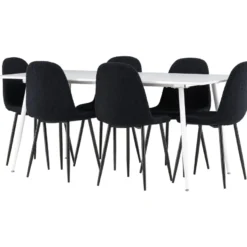 Ruokailuryhmä Venture Home, 180x90cm valkoinen Silar-pöytä + 6 mustaa Polar-tuolia