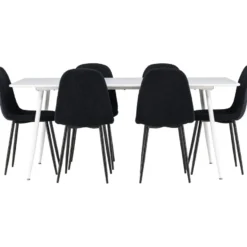 Ruokailuryhmä Venture Home, 180x90cm valkoinen Silar-pöytä + 6 mustaa Polar-tuolia