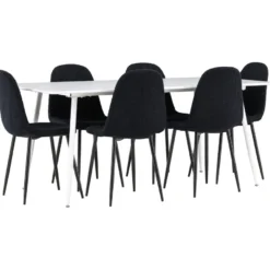 Ruokailuryhmä Venture Home, 180x90cm valkoinen Silar-pöytä + 6 mustaa Polar-tuolia