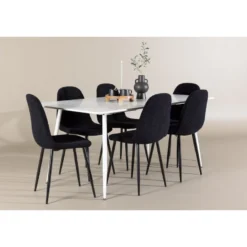 Ruokailuryhmä Venture Home, 180x90cm valkoinen Silar-pöytä + 6 mustaa Polar-tuolia