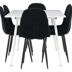 Ruokailuryhmä Venture Home, 180x90cm valkoinen Silar-pöytä + 6 mustaa Polar-tuolia