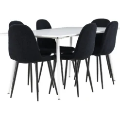 Ruokailuryhmä Venture Home, 180x90cm valkoinen Silar-pöytä + 6 mustaa Polar-tuolia