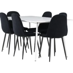 Ruokailuryhmä Venture Home, 180x90cm valkoinen Silar-pöytä + 6 mustaa Polar-tuolia