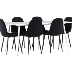 Ruokailuryhmä Venture Home, 180x90cm valkoinen Silar-pöytä + 6 mustaa Polar-tuolia
