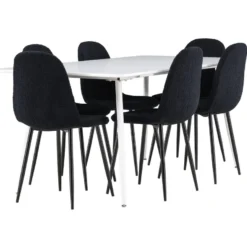 Ruokailuryhmä Venture Home, 180x90cm valkoinen Silar-pöytä + 6 mustaa Polar-tuolia