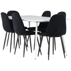 Ruokailuryhmä Venture Home, 180x90cm valkoinen Silar-pöytä + 6 mustaa Polar-tuolia