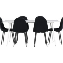 Ruokailuryhmä Venture Home, 180x90cm valkoinen Silar-pöytä + 6 mustaa Polar-tuolia