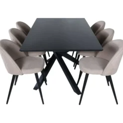 Ruokailuryhmä Venture Home, 180x90cm Piazza-pöytä + 6 beigeä Velvet Stitches -tuolia