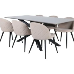 Ruokailuryhmä Venture Home, 180x90cm Piazza-pöytä + 6 beigeä Velvet Stitches -tuolia