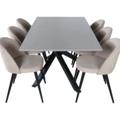 Ruokailuryhmä Venture Home, 180x90cm Piazza-pöytä + 6 beigeä Velvet Stitches -tuolia