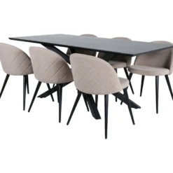 Ruokailuryhmä Venture Home, 180x90cm Piazza-pöytä + 6 beigeä Velvet Stitches -tuolia