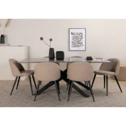 Ruokailuryhmä Venture Home, 180x90cm Piazza-pöytä + 6 beigeä Velvet Stitches -tuolia