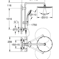 Sadesuihkusetti Grohe Euphoria System 310, termostaattihanalla, vettä säästävä, hierova suihku, ⌀310mm, harjattu kupari
