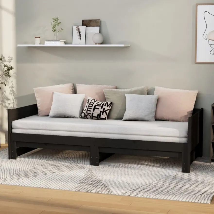 Sohvasänky ulosvedettävä musta täysi mänty 2x (90x200) cm (20256)