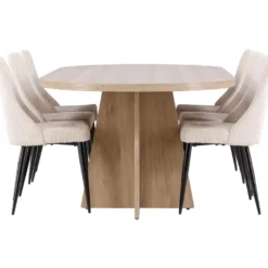 Soikea ruokailuryhmä Venture Home, 230x115cm ruskea Bootcut-pöytä + 6 beigeä Leone-tuolia, vakosametti