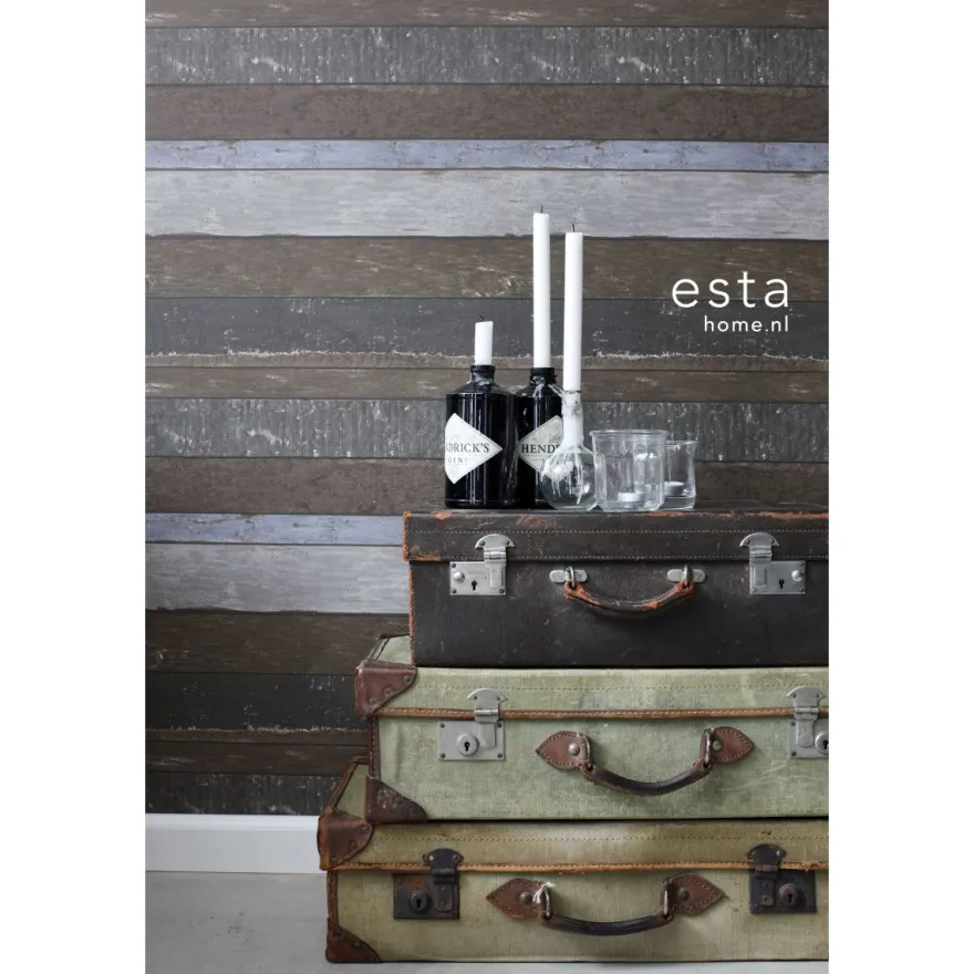 Tapetti Wooden Boards 138254, puujäljitelmä, tummanruskea/sininen