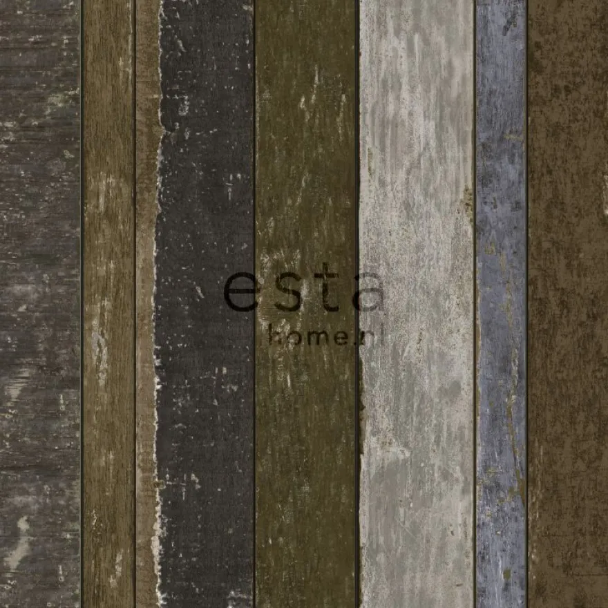 Tapetti Wooden Boards 138254, puujäljitelmä, tummanruskea/sininen