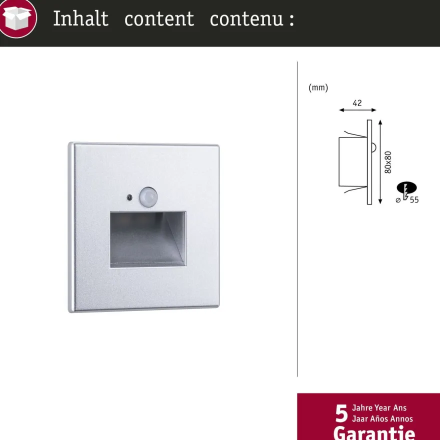 Upotettava LED-seinävalaisin Paulmann Edge Quadro 80x42mm 1.2W 25lm 2700K liiketunnistin