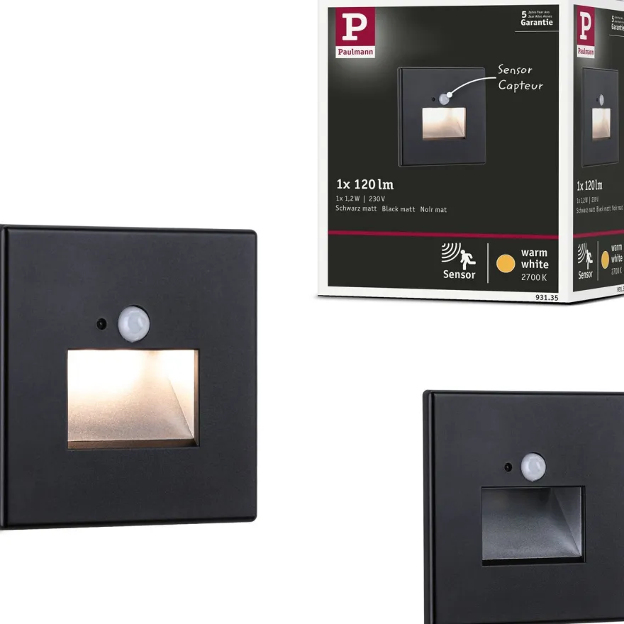 Upotettava LED-seinävalaisin Paulmann Edge Quadro 80x42mm 1.2W 25lm 2700K liiketunnistin