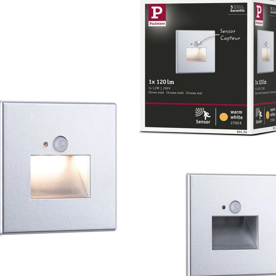 Upotettava LED-seinävalaisin Paulmann Edge Quadro 80x42mm 1.2W 25lm 2700K liiketunnistin