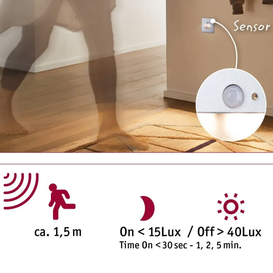 Upotettava LED-seinävalaisin Paulmann Edge Quadro 80x42mm 1.2W 25lm 2700K liiketunnistin