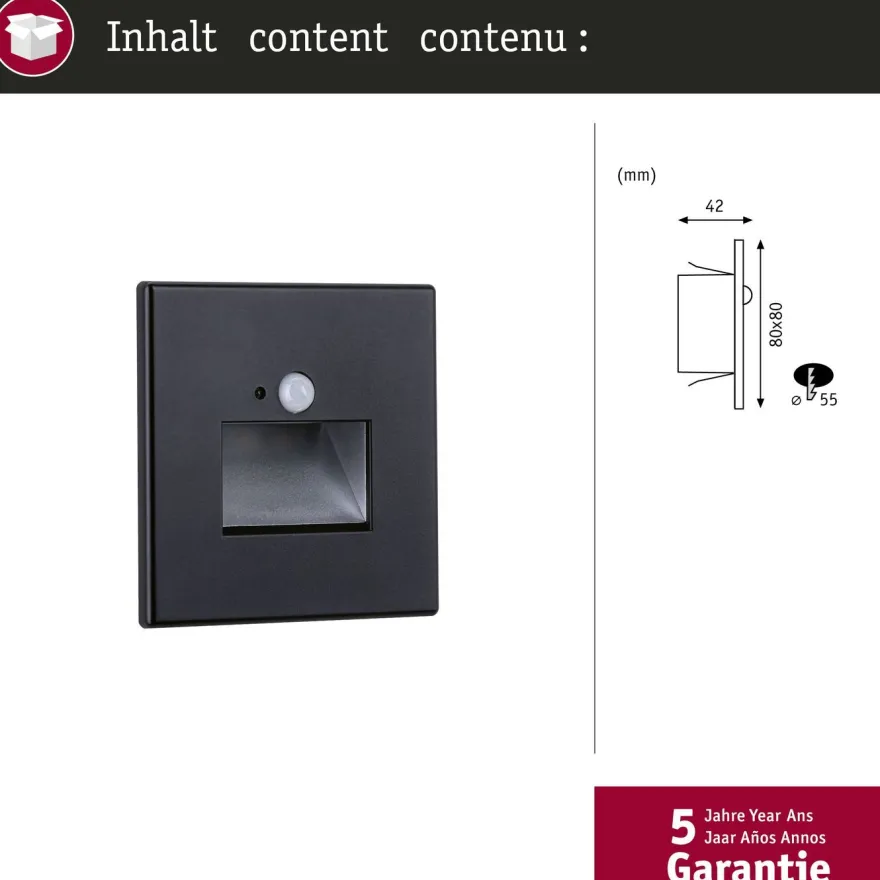 Upotettava LED-seinävalaisin Paulmann Edge Quadro 80x42mm 1.2W 25lm 2700K liiketunnistin