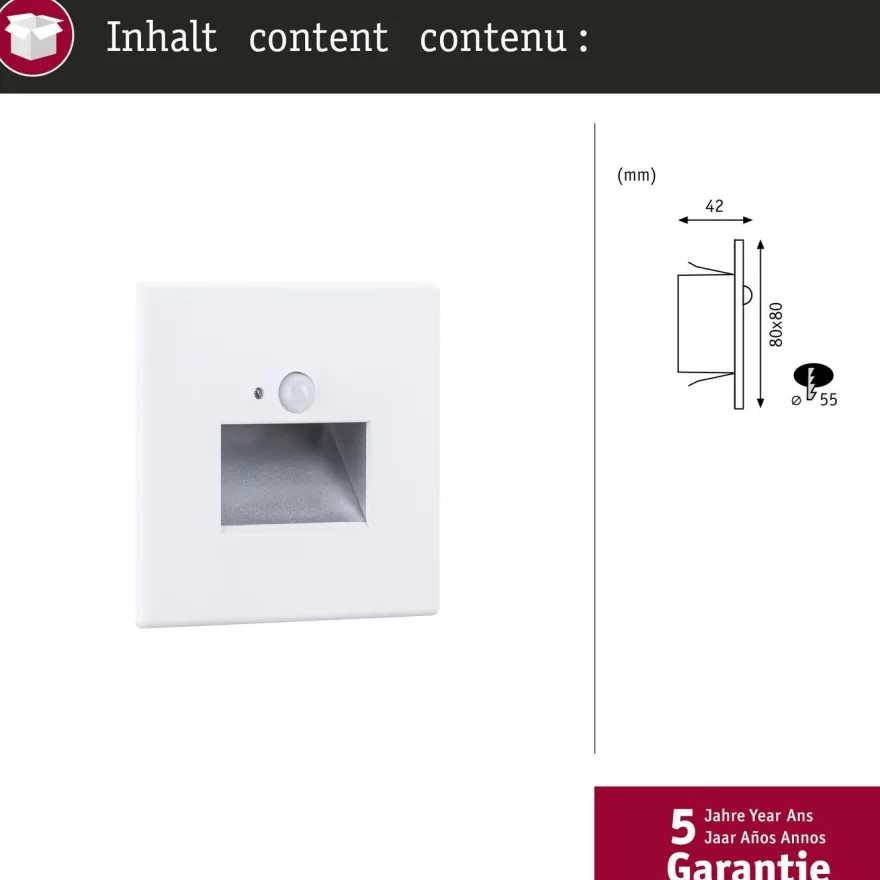 Upotettava LED-seinävalaisin Paulmann Edge Quadro 80x42mm 1.2W 25lm 2700K liiketunnistin