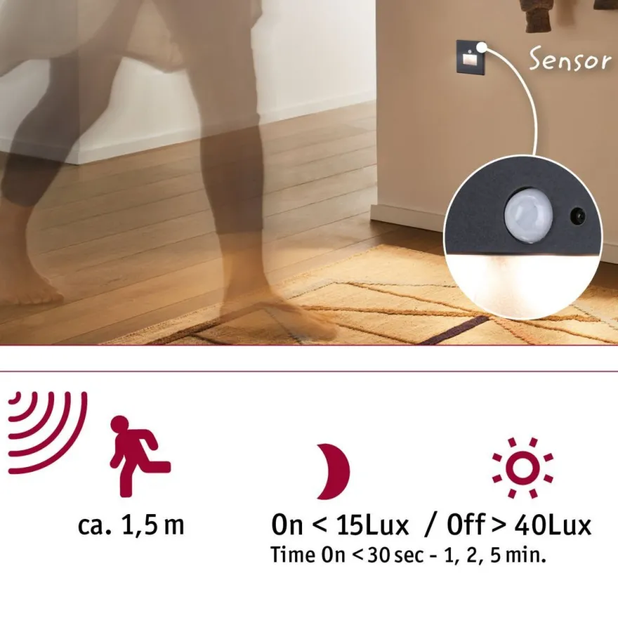 Upotettava LED-seinävalaisin Paulmann Edge Quadro 80x42mm 1.2W 25lm 2700K liiketunnistin