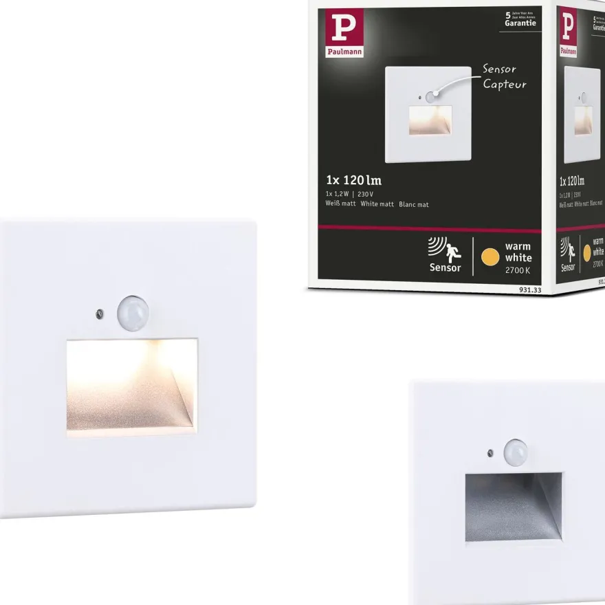 Upotettava LED-seinävalaisin Paulmann Edge Quadro 80x42mm 1.2W 25lm 2700K liiketunnistin
