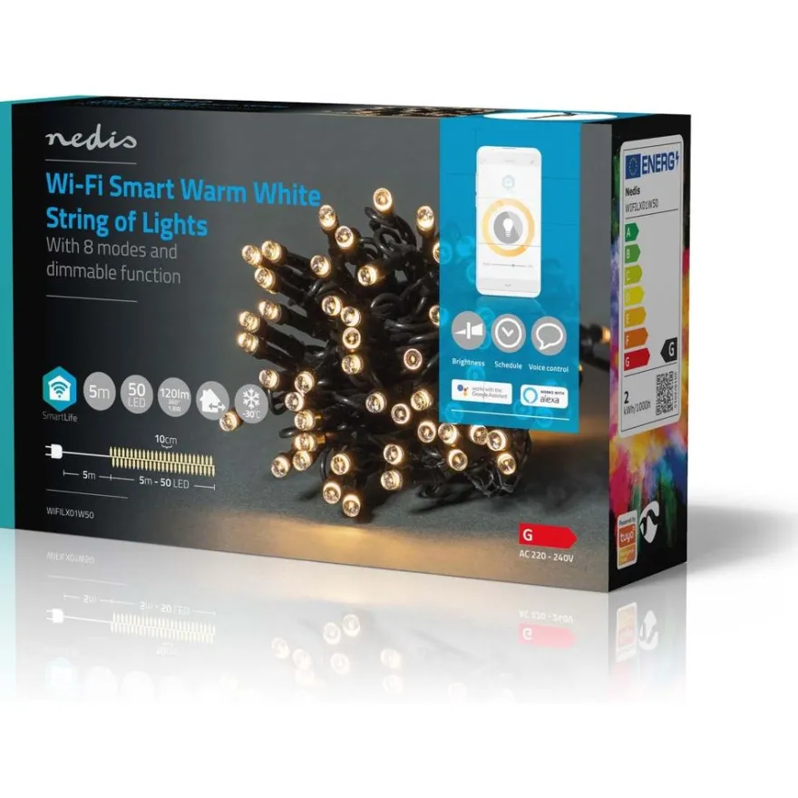 Valoketju Nedis SmartLife Wifi LED, 5m, 50-lamppua, lämminvalkoinen